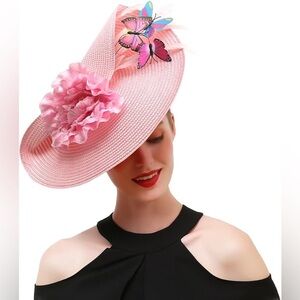 NEW Kentucky Derby, Tea Parties Pink Floral Women's Hat with faux Butterflies